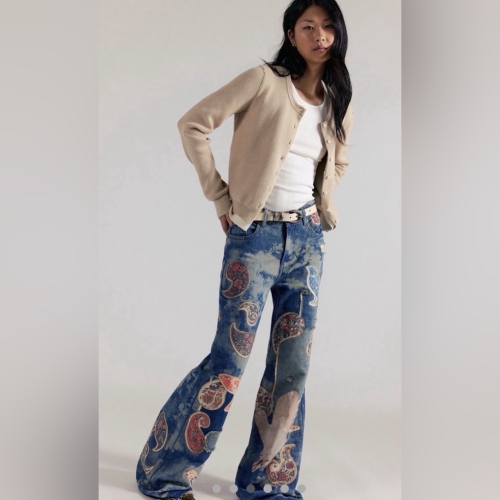 Free People Flying High Patched Jeans We The Free Embroidered Birds Print Blue - Picture 3 of 7